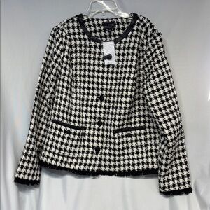 G by Giuliana  Tweed Jacket in a black white houndstooth faux leather trim coat